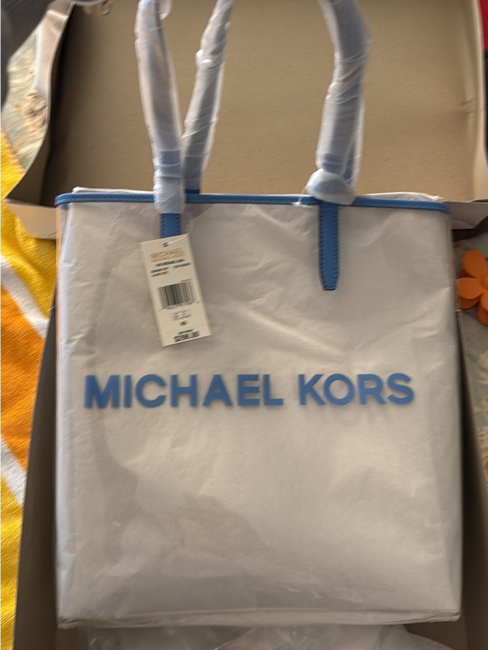 Michael Kors White Tote with Blue Logo and Trim